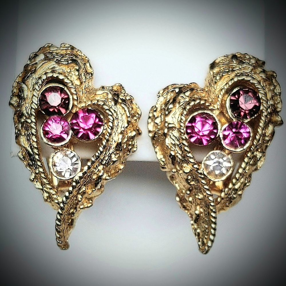 Vintage Coro Clip Earrings Gold Tone Crystal Rhinestone Stylized Heart